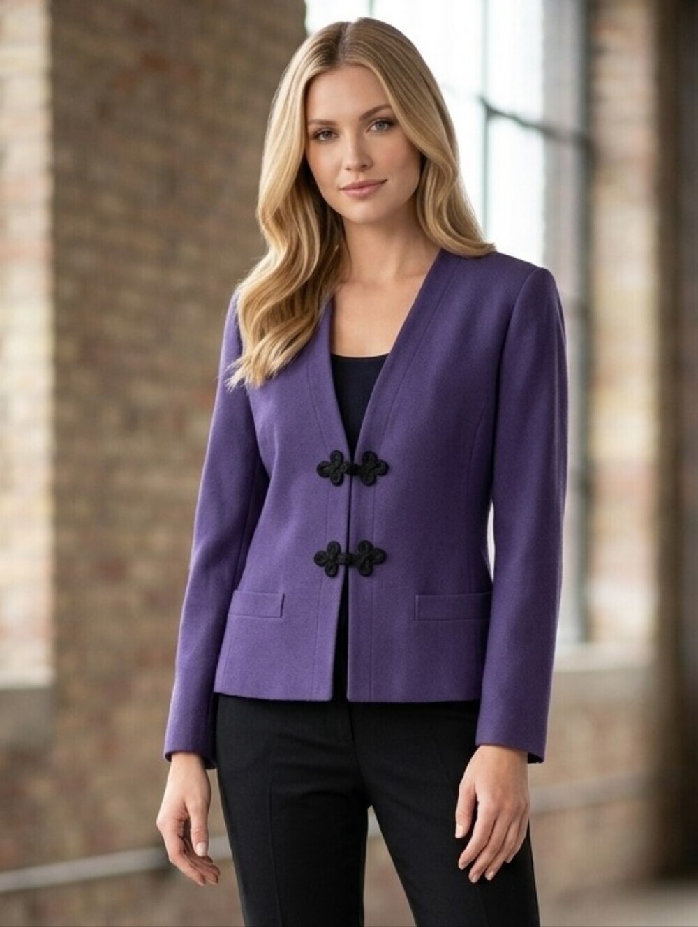 JONES NEW YORK HOLT RENFREW Vintage Purple Wool Collarless Blazer Frog Closures